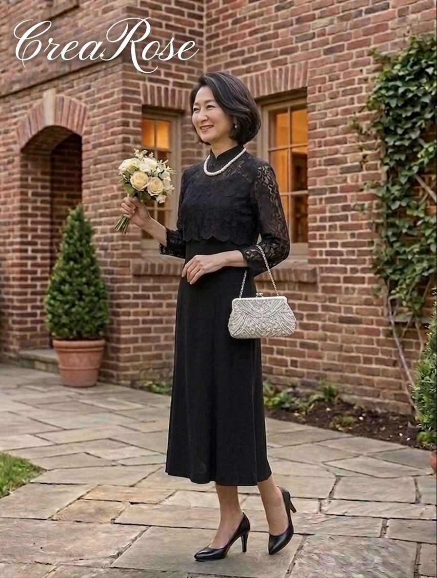 9号の方、袖付きエレガントドレス【エレファンブラックドレス】叔母さまやご親族様に