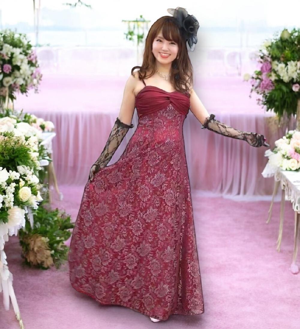 7〜9号の方、上品な赤が映えスタイルよく魅せる日本製ロングドレス【ア